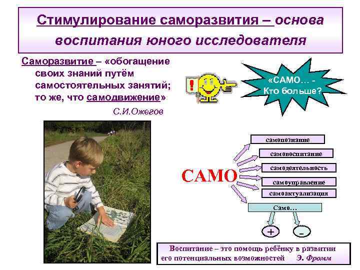  Стимулирование саморазвития – основа воспитания юного исследователя Саморазвитие – «обогащение  своих знаний