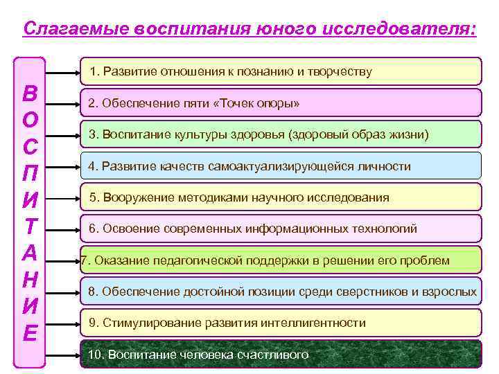 Слагаемые воспитания юного исследователя:   1. Развитие отношения к познанию и творчеству В