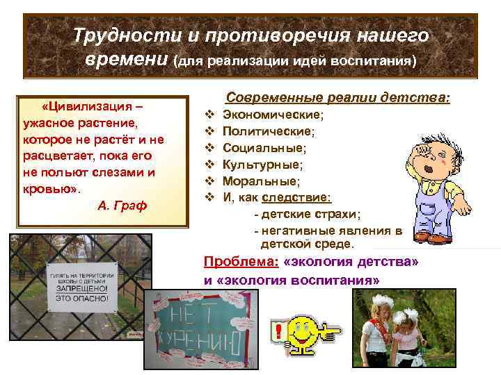   Трудности и противоречия нашего   времени (для реализации идей воспитания) 