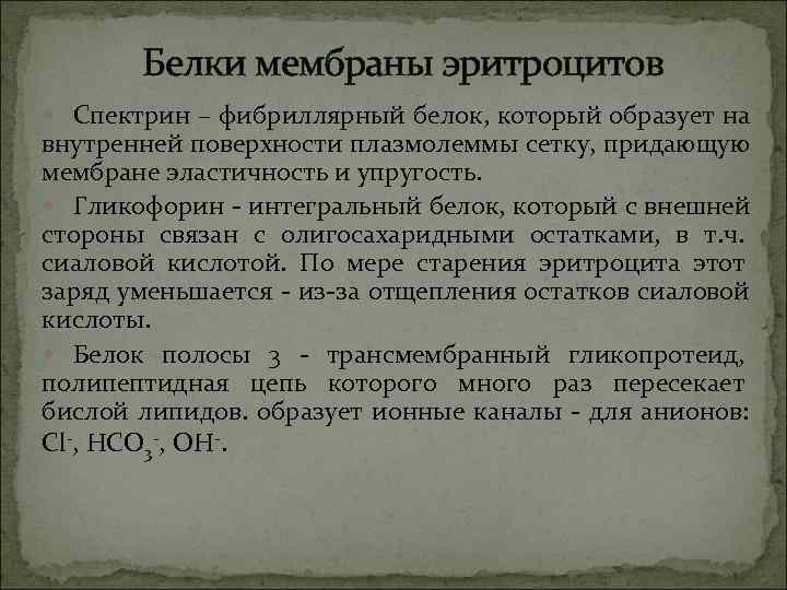   Белки мембраны эритроцитов  Спектрин – фибриллярный белок, который образует на внутренней