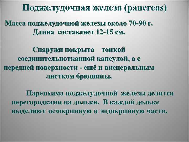  Поджелудочная железа (pancreas) Масса поджелудочной железы около 70 -90 г.   Длина