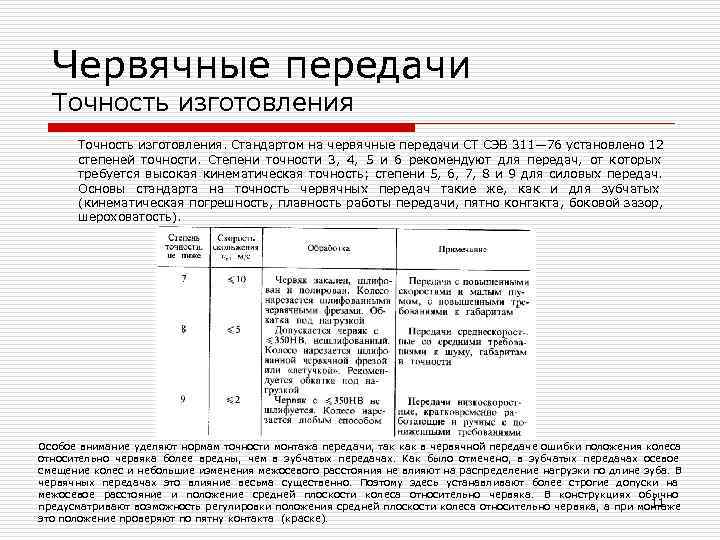  Червячные передачи  Точность изготовления. Стандартом на червячные передачи СТ СЭВ 311— 76