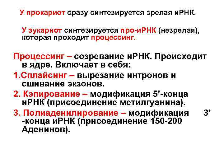 Последовательность образования ирнк у эукариот. Процессинг РНК У эукариот. Этапы созревания (процессинг) ИРНК. Формирование про РНК И И-РНК У эукариот. Созревание ИРНК.