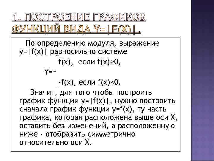  По определению модуля, выражение y=|f(x)| равносильно системе  f(x), если f(х) 0, 