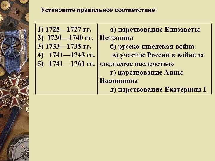  Установите правильное соответствие:  1) 1725— 1727 гг. а) царствование Елизаветы 2) 1730—
