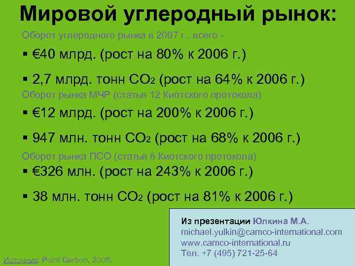   Мировой углеродный рынок: Оборот углеродного рынка в 2007 г. , всего -