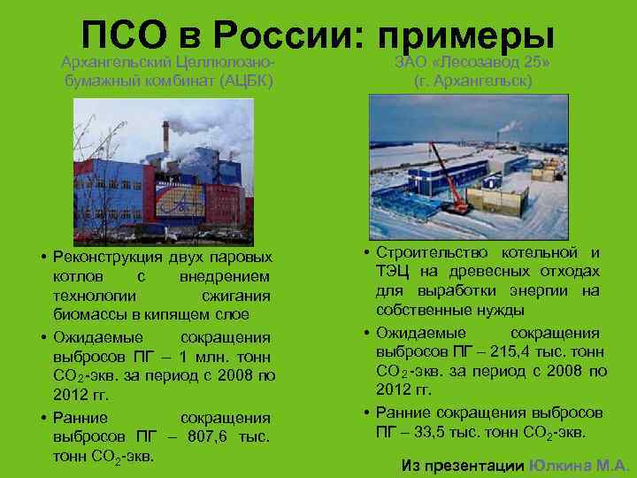  ПСО в России: примеры  Архангельский Целлюлозно-  ЗАО «Лесозавод 25»  бумажный