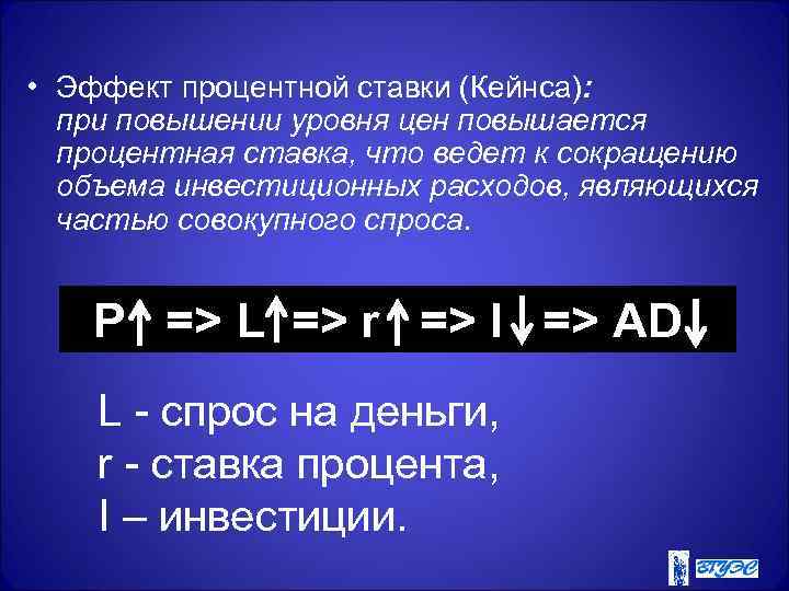  • Эффект процентной ставки (Кейнса):  при повышении уровня цен повышается  процентная