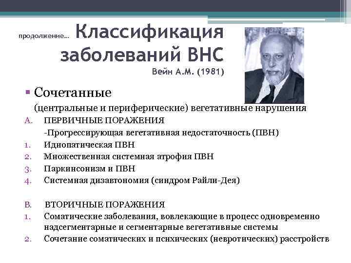 продолжение… Классификация  заболеваний ВНС      Вейн А. М. (1981)