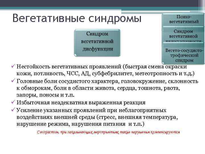 Вегетативные синдромы  ü Нестойкость вегетативных проявлений (быстрая смена окраски  кожи, потливость, ЧСС,