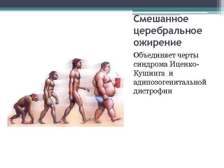 Смешанное церебральное ожирение Объединяет черты синдрома Иценко- Кушинга и адипозогенитальной дистрофии 