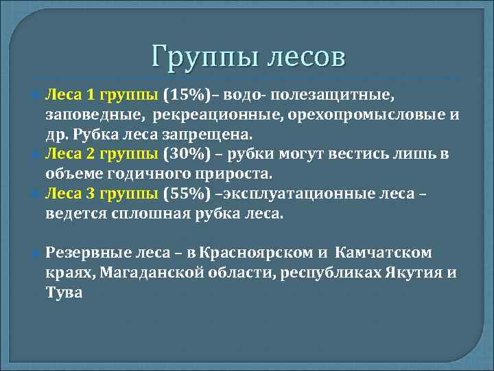 Группы лесов Леса 1 группы (15%)– водо- полезащитные, заповедные, рекреационные, Группы лесов Леса 1 группы (15%)– водо- полезащитные, заповедные, рекреационные,