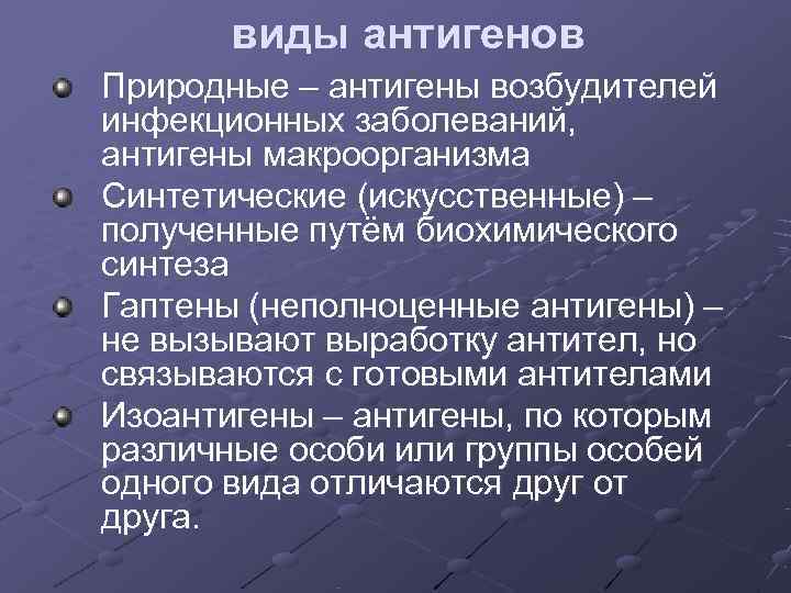 виды антигенов Природные – антигены возбудителей инфекционных заболеваний, антигены макроорганизма Синтетические (искусственные) виды антигенов Природные – антигены возбудителей инфекционных заболеваний, антигены макроорганизма Синтетические (искусственные)