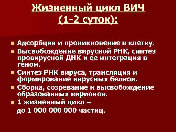 Жизненный цикл ВИЧ (1 -2 суток): Адсорбция и проникновение в клетку. Высвобождение вирусной РНК,
