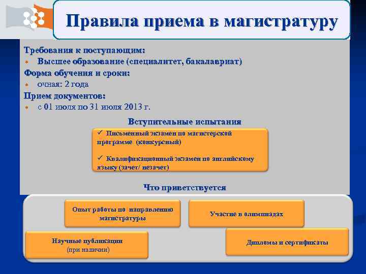    Правила приема в магистратуру Требования к поступающим: Высшее образование (специалитет, бакалавриат)