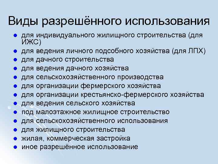 Виды разрешённого использования l для индивидуального жилищного строительства (для ИЖС) l для Виды разрешённого использования l для индивидуального жилищного строительства (для ИЖС) l для