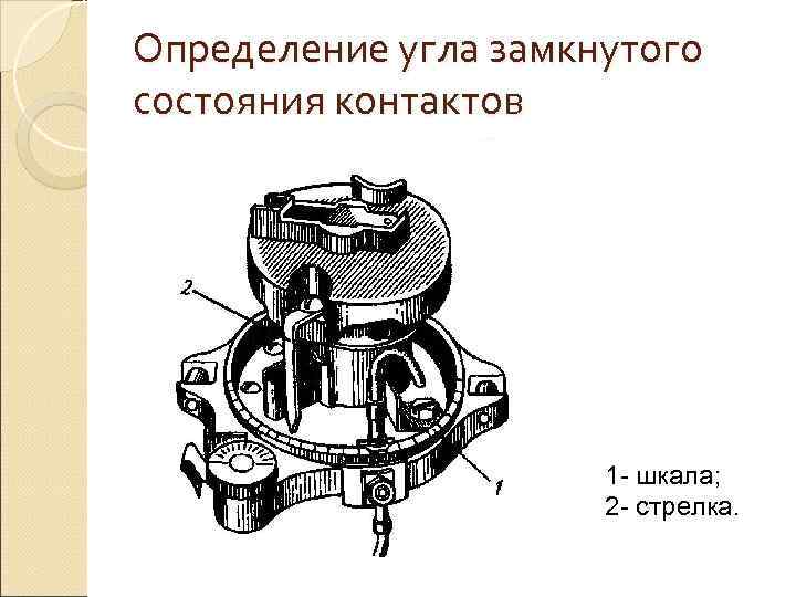 Определение угла замкнутого состояния контактов      1 - шкала; 