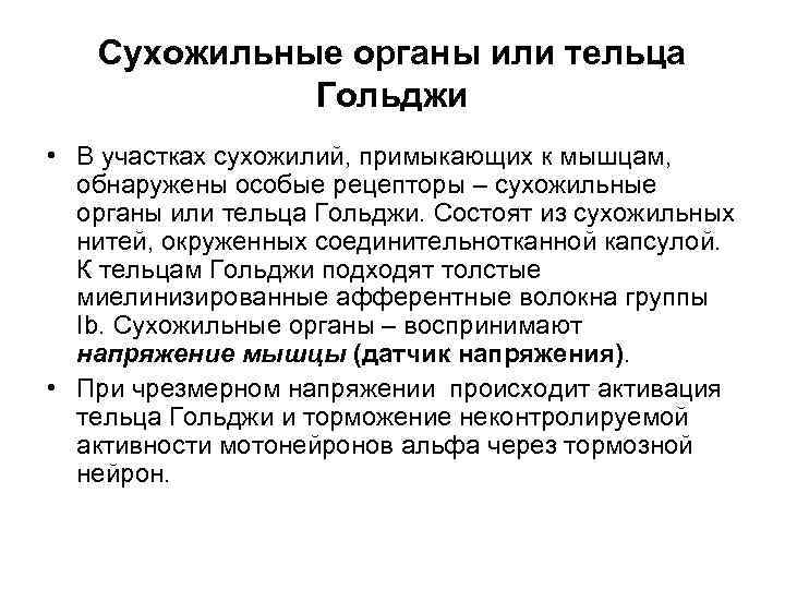  Сухожильные органы или тельца   Гольджи • В участках сухожилий, примыкающих