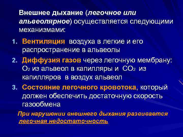  Внешнее дыхание (легочное или альвеолярное) осуществляется следующими механизмами: 1. Вентиляция воздуха в легкие