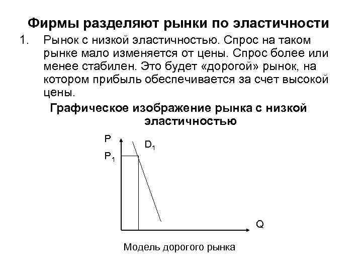  Фирмы разделяют рынки по эластичности 1.  Рынок с низкой эластичностью. Спрос на