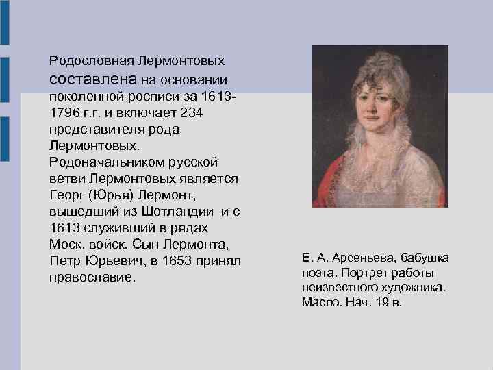 Родословная Лермонтовых составлена на основании поколенной росписи за 1613 - 1796 г. г. и