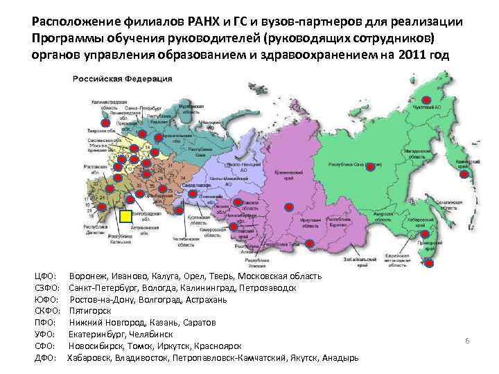 Расположение филиалов РАНХ и ГС и вузов-партнеров для реализации Программы обучения руководителей (руководящих сотрудников)