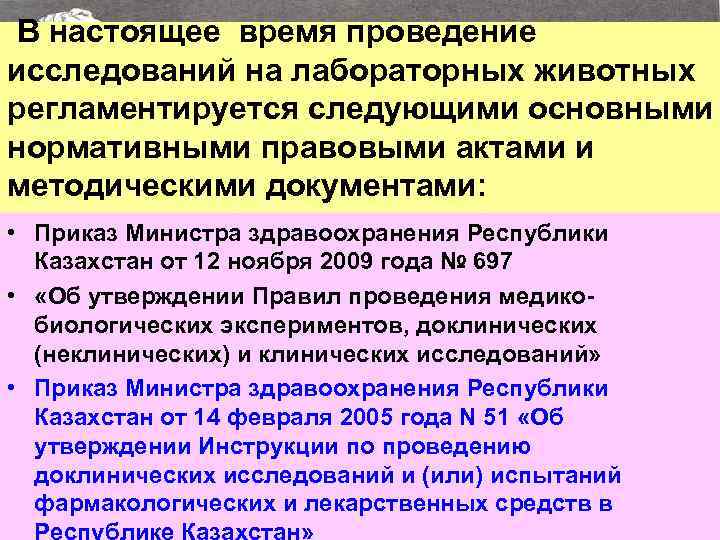  В настоящее время проведение исследований на лабораторных животных регламентируется следующими основными нормативными правовыми