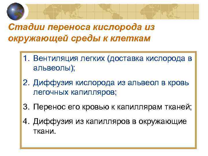 Стадии переноса кислорода из окружающей среды к клеткам  1. Вентиляция легких (доставка кислорода