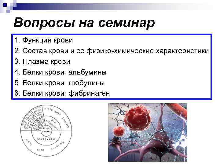 Вопросы на семинар 1. Функции крови 2. Состав крови и ее физико-химические характеристики 3.