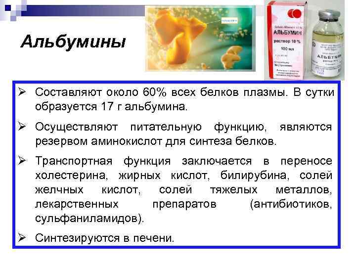 Альбумины Ø Составляют около 60% всех белков плазмы. В сутки  образуется 17 г