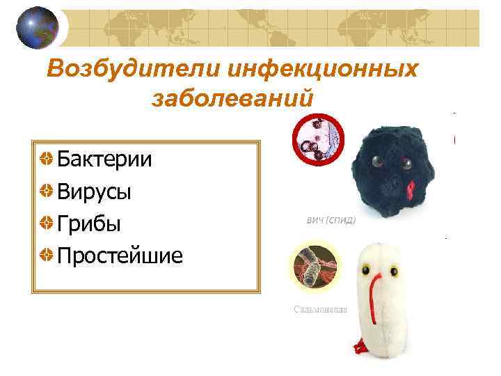 Возбудители инфекционных  заболеваний Бактерии Вирусы Грибы Простейшие 