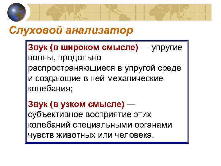 Слуховой анализатор  Звук (в широком смысле) — упругие  волны, продольно  распространяющиеся