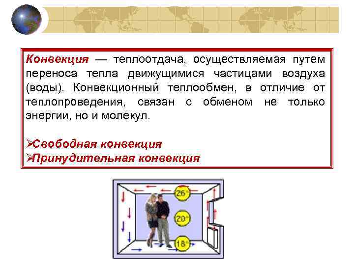 Конвекция — теплоотдача, осуществляемая путем переноса тепла движущимися частицами воздуха (воды). Конвекционный теплообмен, в