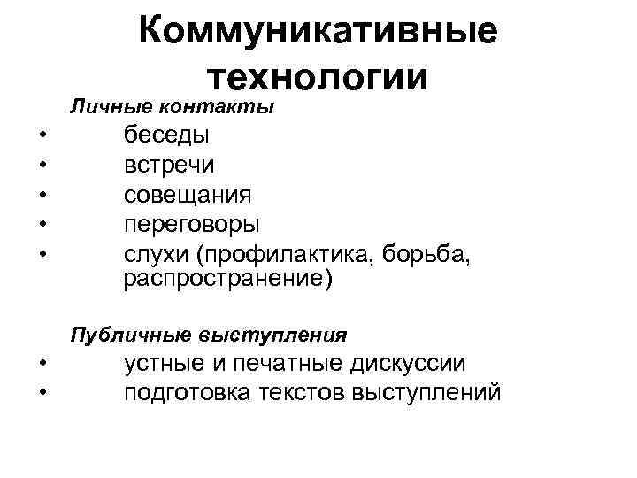    Коммуникативные   технологии Личные контакты •   беседы •