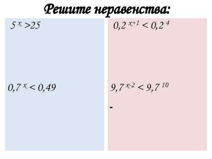    Решите неравенства: 5 x >25   0, 2 x+1 <