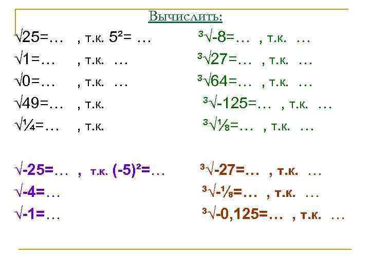    Вычислить: √ 25=… , т. к. 5²= … ³√-8=… , т.