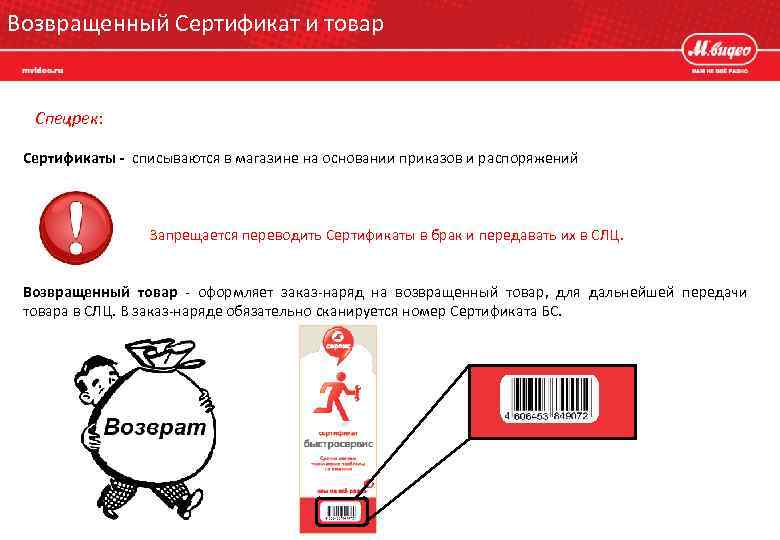 Возвращенный Сертификат и товар  Спецрек: Сертификаты - списываются в магазине на основании приказов