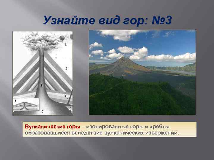  Узнайте вид гор: № 3 Вулканические горы – изолированные горы и хребты, образовавшиеся