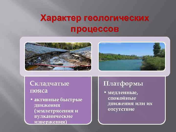   Характер геологических   процессов Складчатые  Платформы пояса   •
