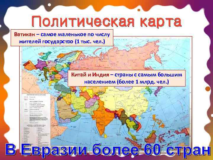  Политическая карта Ватикан – самое маленькое по числу  жителей государство (1 тыс.