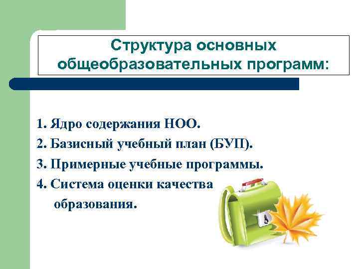   Структура основных  общеобразовательных программ:  1. Ядро содержания НОО. 2. Базисный