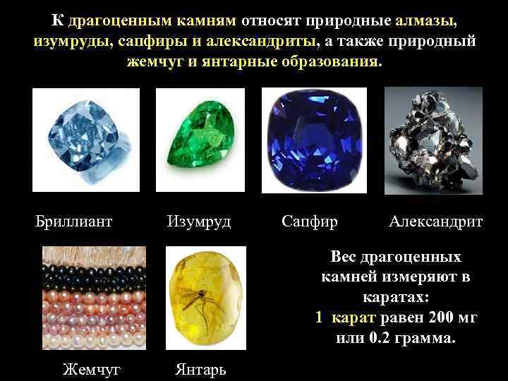  К драгоценным камням относят природные алмазы,  изумруды, сапфиры и александриты, а также