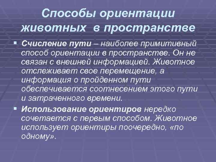 Способы ориентации животных в пространстве § Счисление пути – наиболее примитивный Способы ориентации животных в пространстве § Счисление пути – наиболее примитивный