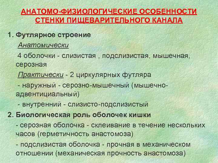 АНАТОМО-ФИЗИОЛОГИЧЕСКИЕ ОСОБЕННОСТИ СТЕНКИ ПИЩЕВАРИТЕЛЬНОГО КАНАЛА 1. Футлярное строение Анатомически 4 оболочки АНАТОМО-ФИЗИОЛОГИЧЕСКИЕ ОСОБЕННОСТИ СТЕНКИ ПИЩЕВАРИТЕЛЬНОГО КАНАЛА 1. Футлярное строение Анатомически 4 оболочки