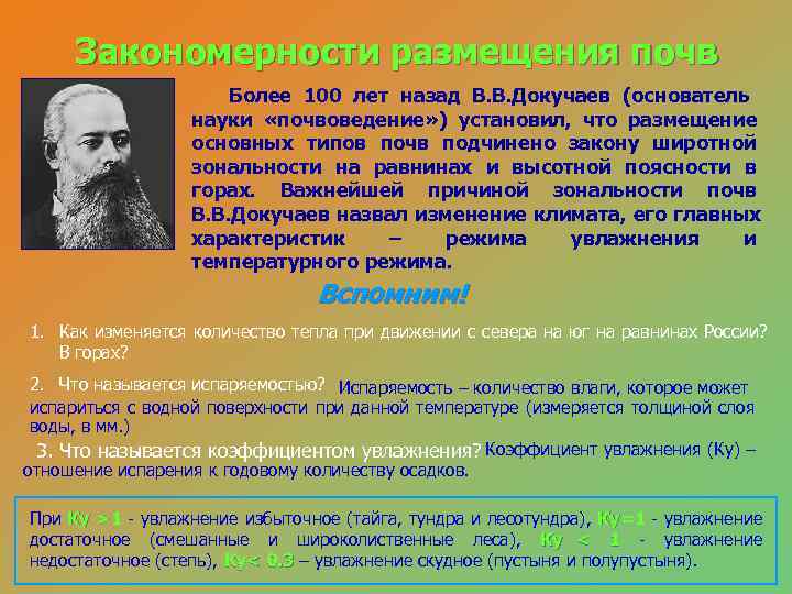  Закономерности размещения почв    Более 100 лет назад В. В. Докучаев