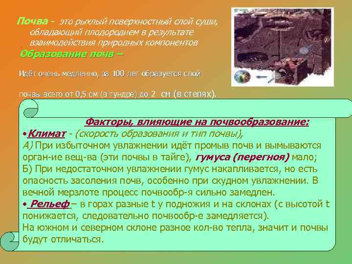 Почва - это рыхлый поверхностный слой суши,  обладающий плодородием в результате  взаимодействия