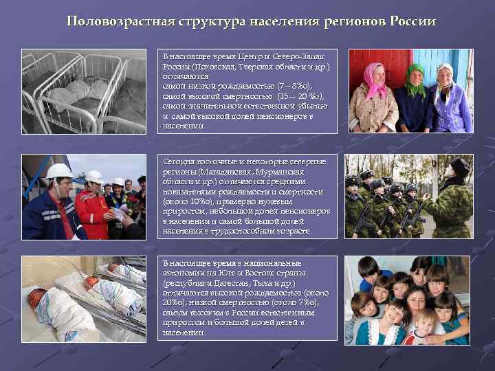 Половозрастная структура населения регионов России    В настоящее время Центр и Северо-Запад