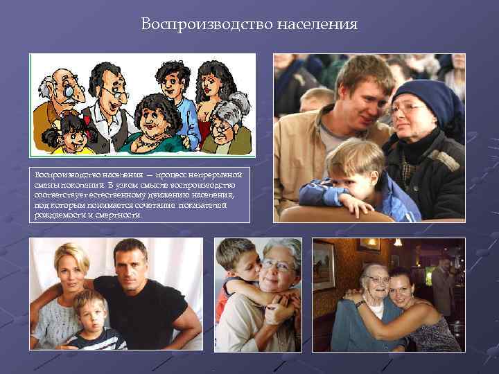     Воспроизводство населения — процесс непрерывной смены поколений. В узком смысле