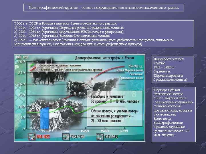   Демографический кризис  резкое сокращение численности населения страны.  В XX в.