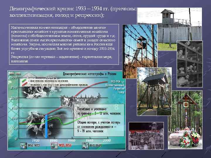 Демографический кризис 1933— 1934 гг. (причины: коллективизация, голод и репрессии);  Насильственная коллективизация –